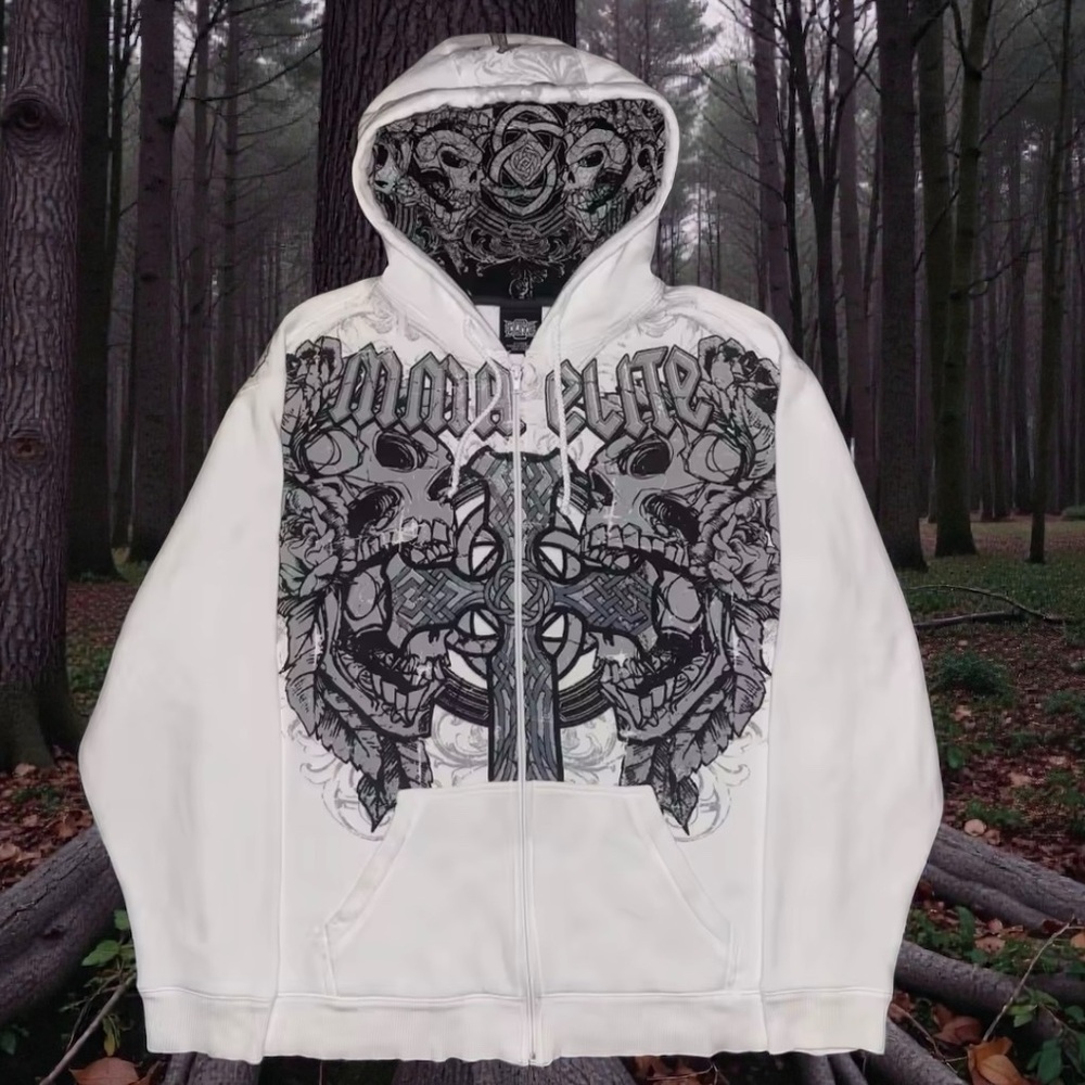 White Graphic Zip-Up Sweater